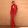 2025 Autumn/Winter European & American Style Sexy Long Sleeve Hollow Asymmetrical Round Neck Dress