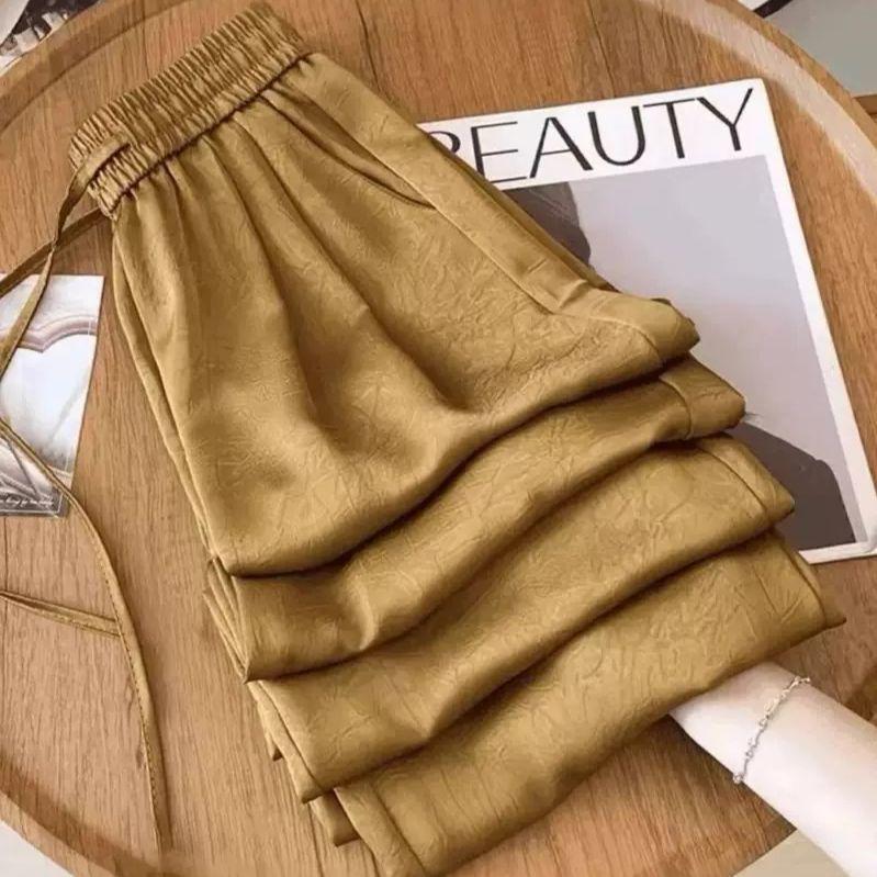 Women's Small Silky Wide-Leg Pants, Summer Eight-Point Length, Thin & Draped Texture