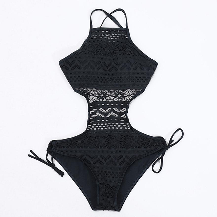 Women Summer Fashion Bikini Lace Bandage Hanging Neck Halter One-piece Swimsuit