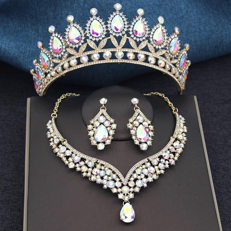Wspaniałe Królewsko Niebieskie Kryształowe Zestawy Biżuterii Ślubnej Kolorowe Tiary Kolczyki Naszyjniki Zestaw dla Kobiet Suknia Ślubna Korona Zestaw Biżuterii