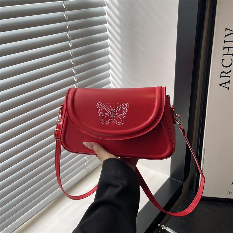 Korean Version Embroidered Butterfly Bag Women's 2025 New Handbag Texture Casual Simple Shoulder Bag Solid Color Small Square Bag