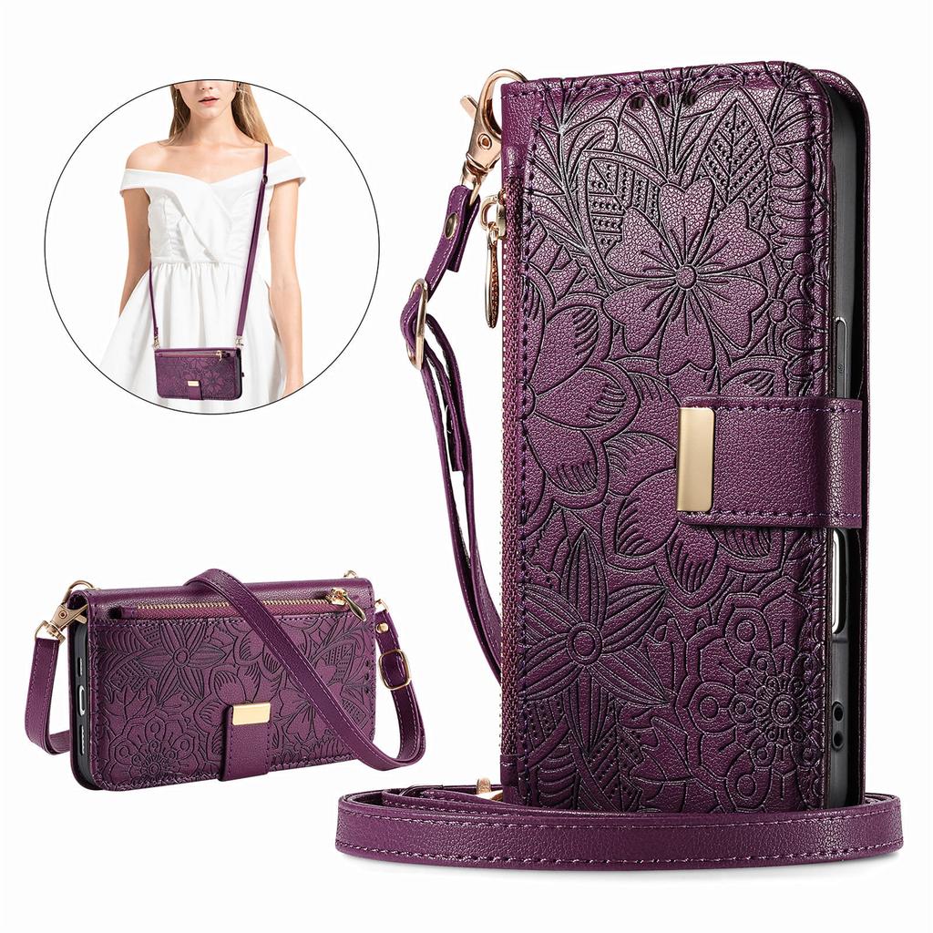 PU Leather Zipper Crossbody Flip Wallet Card Slot Phone Case For Samsung Galaxy S25 Plus S24 FE S23 Ultra S22 Wrist Strap Cover
