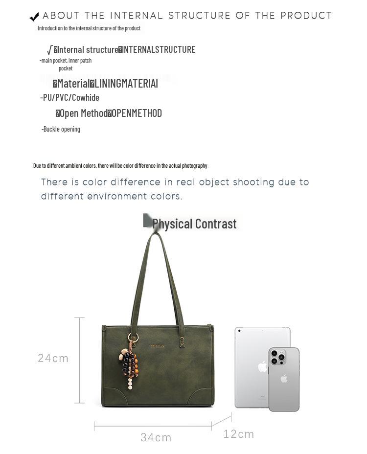 Women's Olive Green Retro Tote Bag - High-end Shoulder Bag for Autumn/Winter 2025