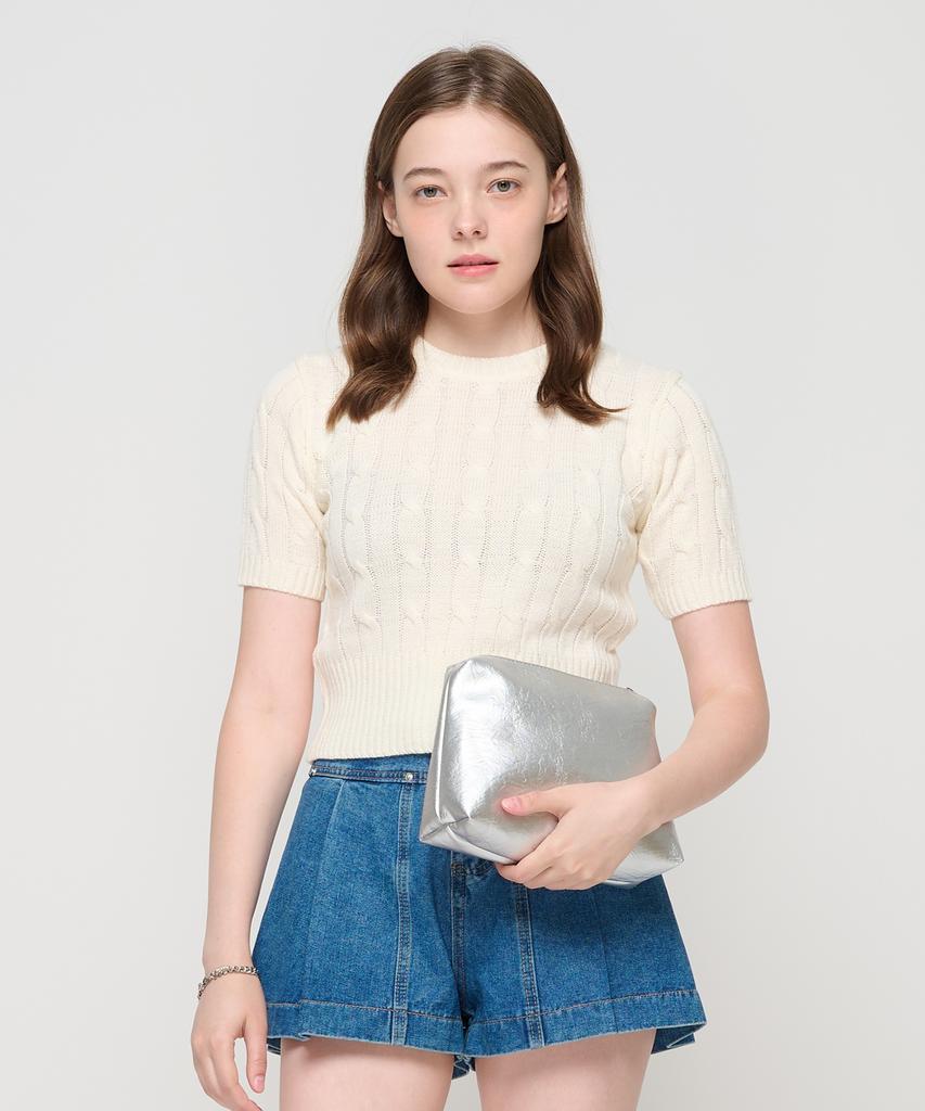 ROIDESROIS Cable Knit Short Sleeve Crop Knit (Ivory)