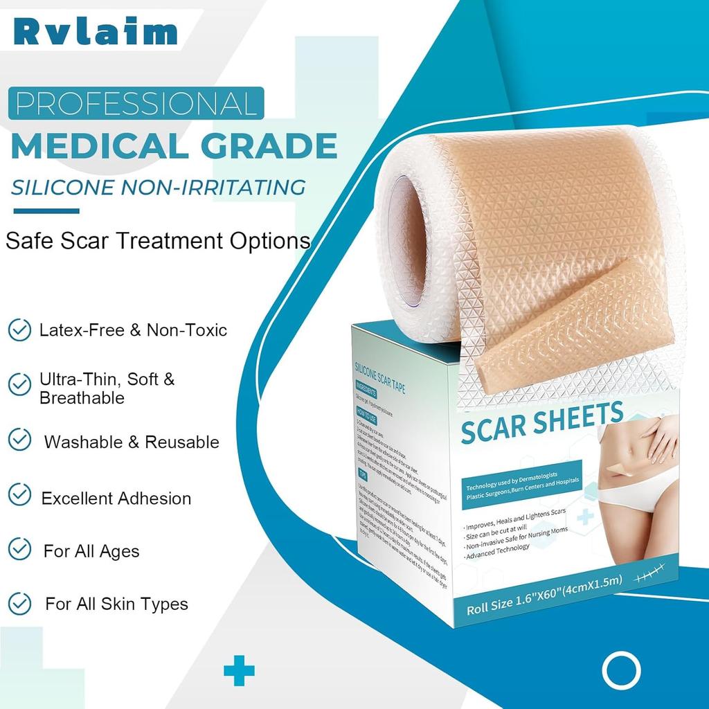 Silicone Scar Tape Reusable Sheet Scars Burns Tummy Chin Keloid Medi Grade for C-section - Cut To Size, 60 Inch