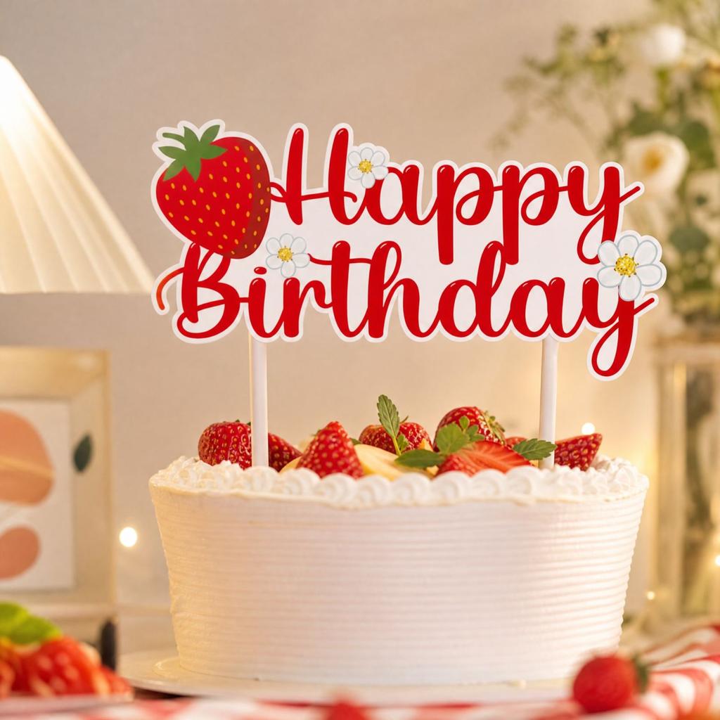 Strawberry Themed Birthday Party Topper Decoration for Dessert