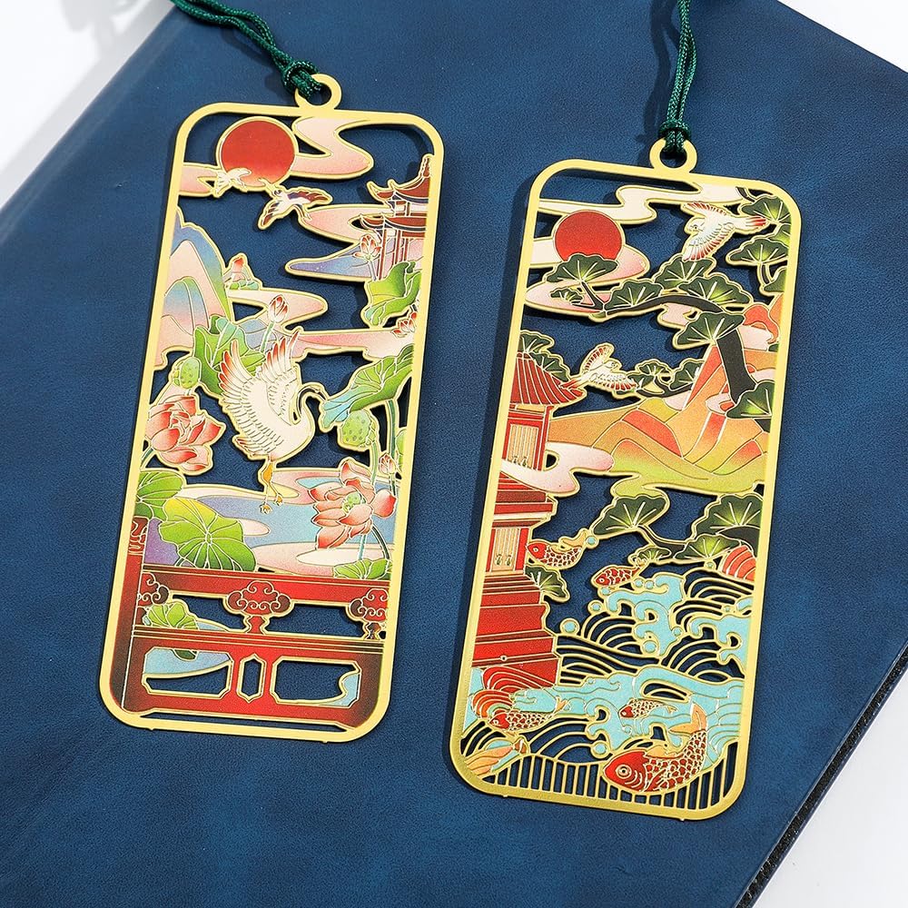 Ancient Chinese Palace Art Bookmarks, Cat Carp Flying Crane Lotus Bookmarks with Tassels, Boxed Gifts for Book Lovers Collection
