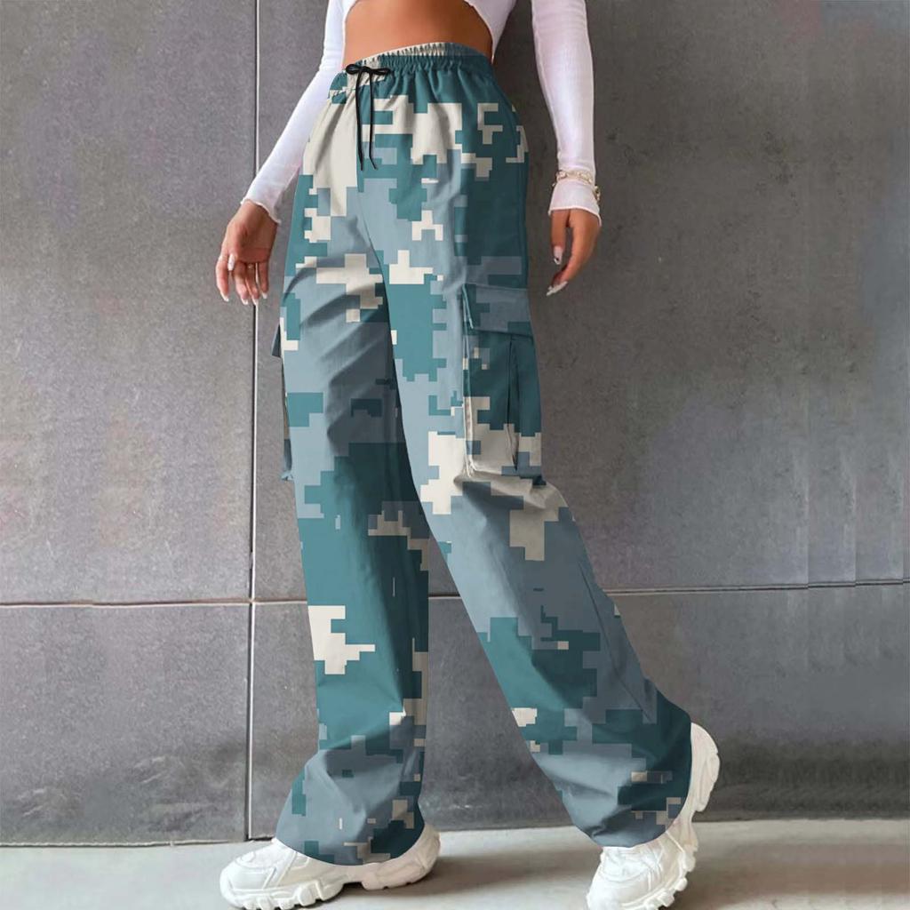 Women’s High-waisted, Wide-leg, Straight-cut, Loose-fitting, Elegant Commuter Trousers; Printed Camouflage Trousers; Casual Trousers