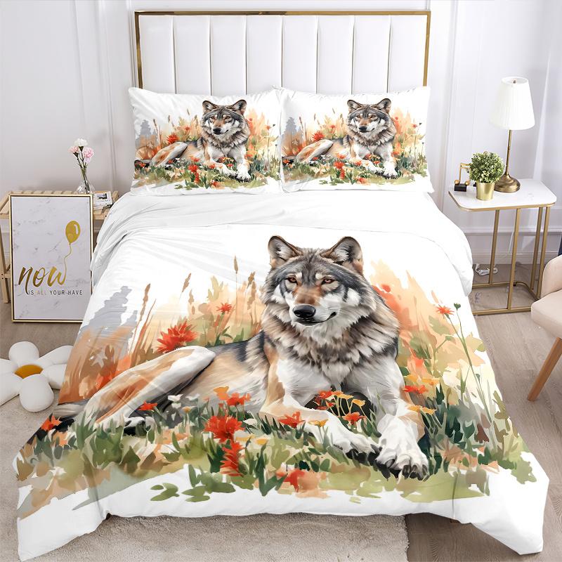 3pcs Wild Wolf amidst Autumnal Wildflowers Print Bedding Set (1 Cover + 2 Pillowcases, Without Inserts), This Printed Bedding Set is Soft and Com
