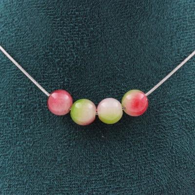 Stones and Minerals. Necklace 4 Pearls Watermelon Tourmaline 8 Mm Steel Chain Necklace for Women, Men. Customizable Size.