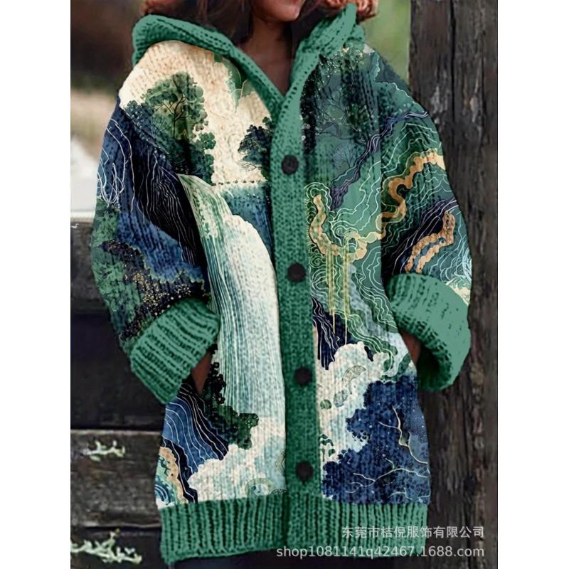 Womens Oversized Hooded Knit Cardigan With 3D Print Button Front Long Sleeve Casual Sweater