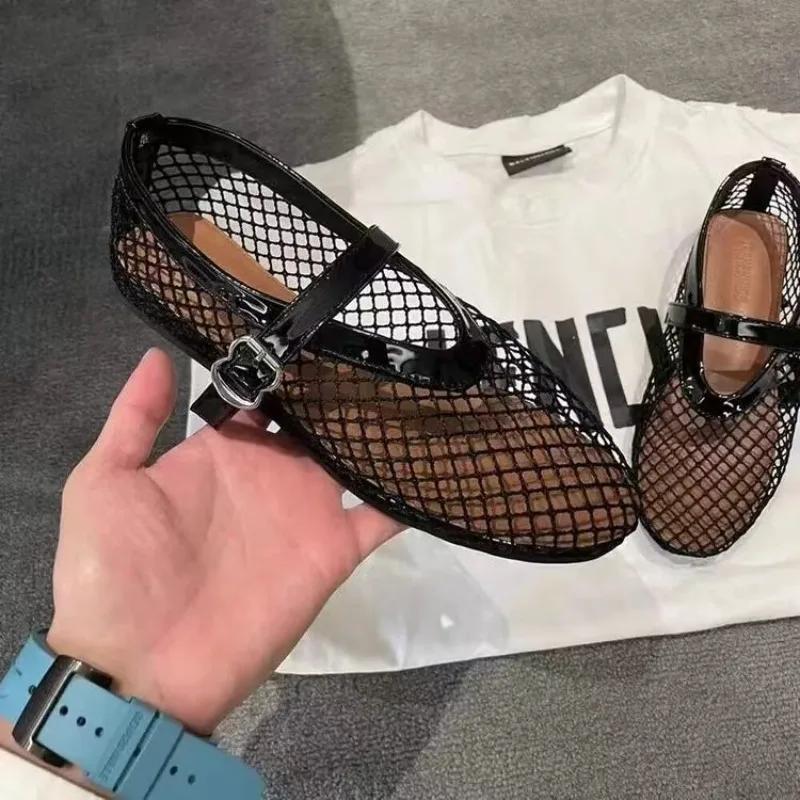 Mote Dame Mesh Ballettflats Sandaler Pustende Fritidssko for Damer Fiskenett Ballerina Komfortable Sandaler Sko med Rund Tå