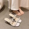 Fashion Clear Crystal Block Heel Outer Slippers 2025 Summer New Bow Square Toe Open Toe Platform One Word Mopping