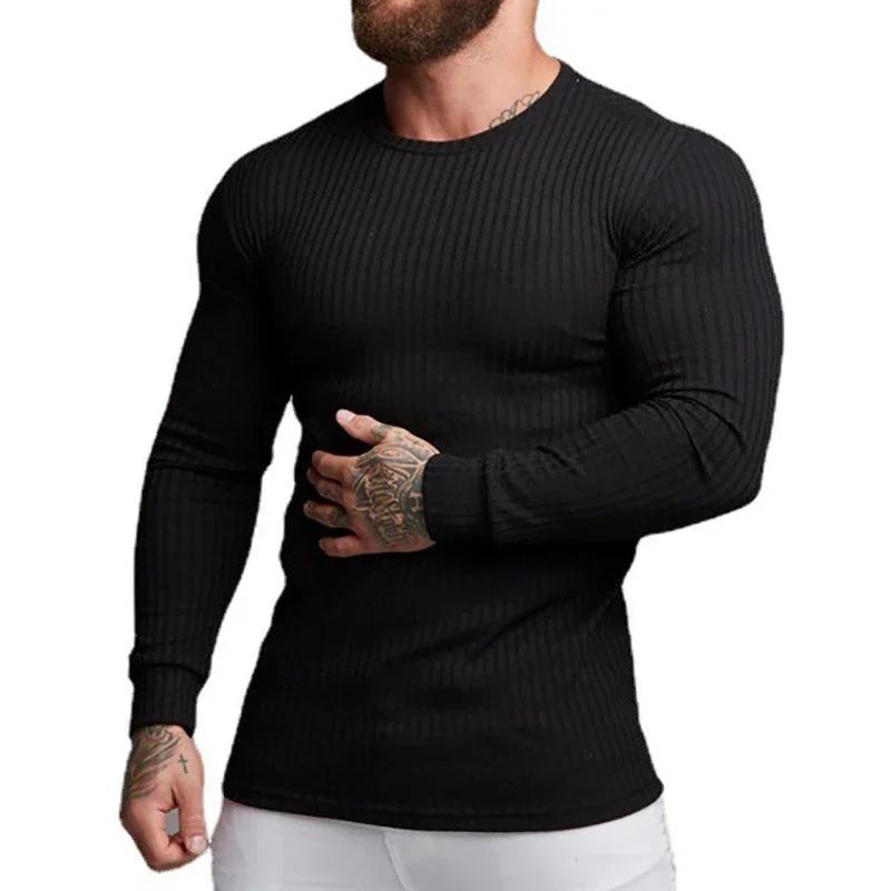 Muscleguys Autumn Running T-shirts Mens Classic Ribbed Knit Jumper Sports Long Sleeved Slim Fit Round Neck Casual Gym Fitness T Shirt
