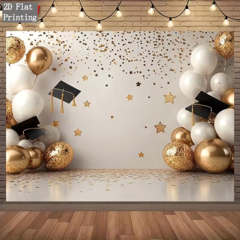 2D Graduation Backdrop, Gold White Balloon Cap Confetti Photo Background Banner