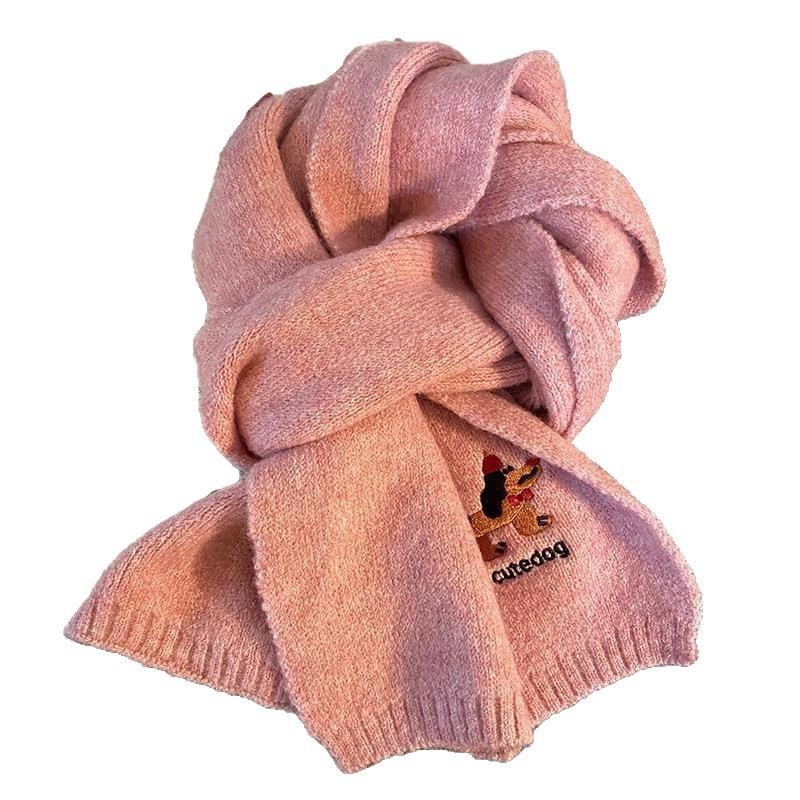 Korean Style Cute Puppy Embroidered Scarf for Women Winter Fashion Wool Blended Shawl Thickened Warm and Cold Proof Knitted Scarf