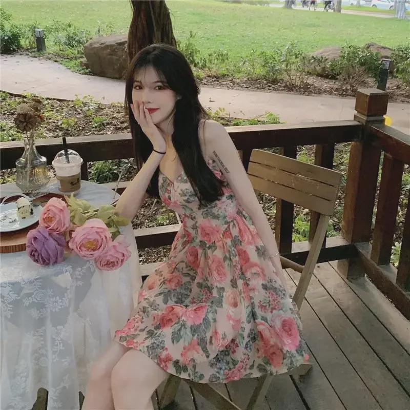 High-Waisted Floral Suspender A-Line Dress - French Spring/Summer Style.