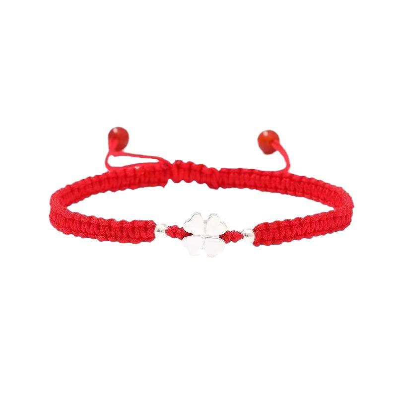 Four-Leaf Clover College Exam Luck Bracelet - Red Woven DIY Hand Rope for Women & Best Friends.