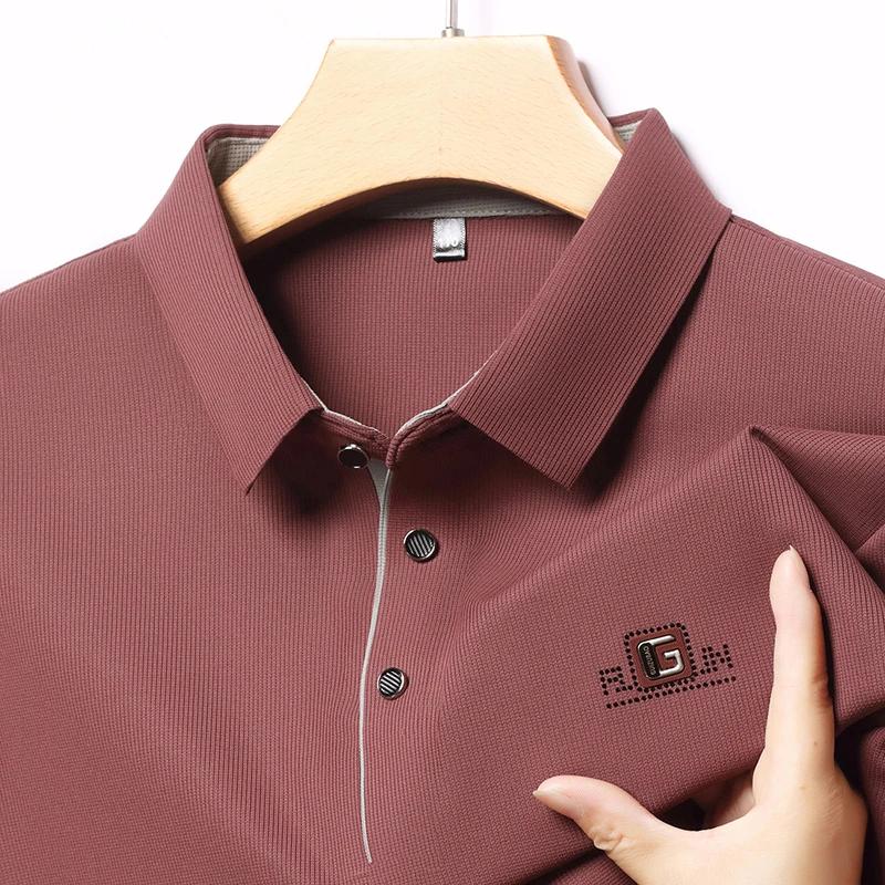New Men'S Business Casual Long Sleeved Shirt With Badge Solid Color Polo Shirt Fashionable Breathable Comfortable Versatile Top