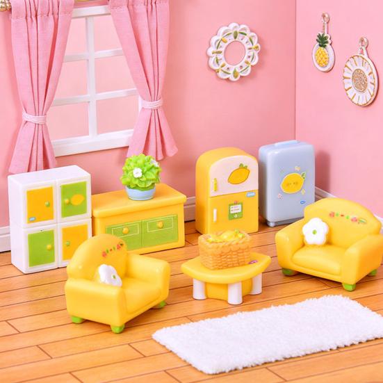 Yousheng Miniature Dollhouse Furniture Mini Resin Bed Sofa Cabinet Table Accessories Lemon Style Tiny Pretend Play Props for Fairy Garden Doll House