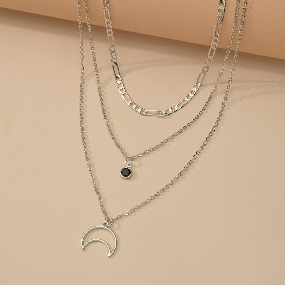 Vintage Alloy Moon Black Hemming Diamond Pendant Necklace Multilayer Chain Clavicle Chain