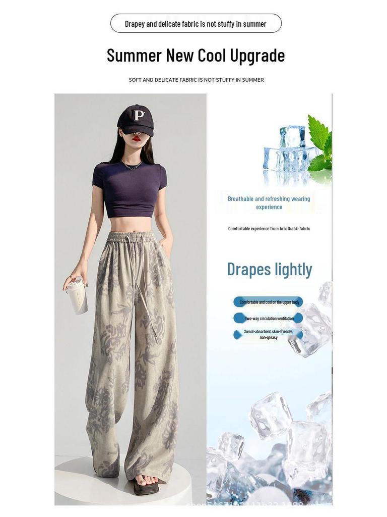 Women's Floral Wide-Leg Pants - Ice Silk, Cotton, Linen, Slimming, Casual Fit for Summer 2026
