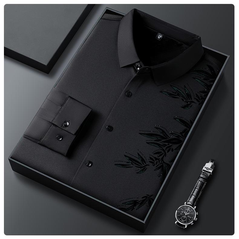 Herrskjorta i kinesisk stil med fleecefoder och stretch - Sömlös, skrynkfri, varm, långärmad, krage