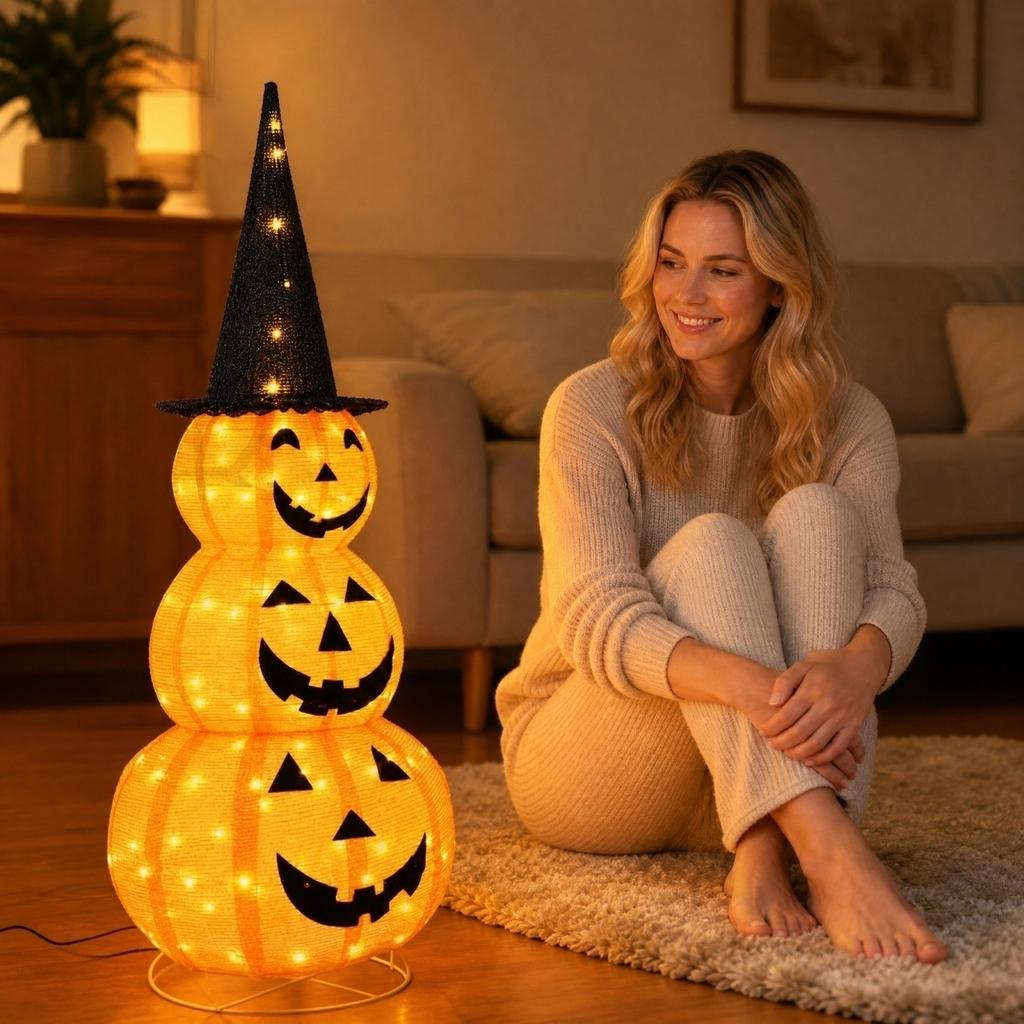Stackable Glowing Pumpkin Lights Halloween Decorations with Witch Hat, Foldable String Lights for Indoor Outdoor Yard Fall Display