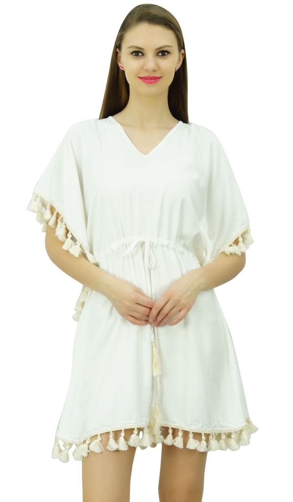 Bimba Women's V Neck Tassel Kaftan Short Rayon Caftan Designer Beachwear Coverup