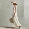Abito Maxi Estivo da Donna Senza Maniche Girocollo in Misto Lino, Orlo Asimmetrico Irregolare, Vestito Lungo Lento Fluido Monocromatico, Abito da Sole Minimalista Casual per le Vacanze