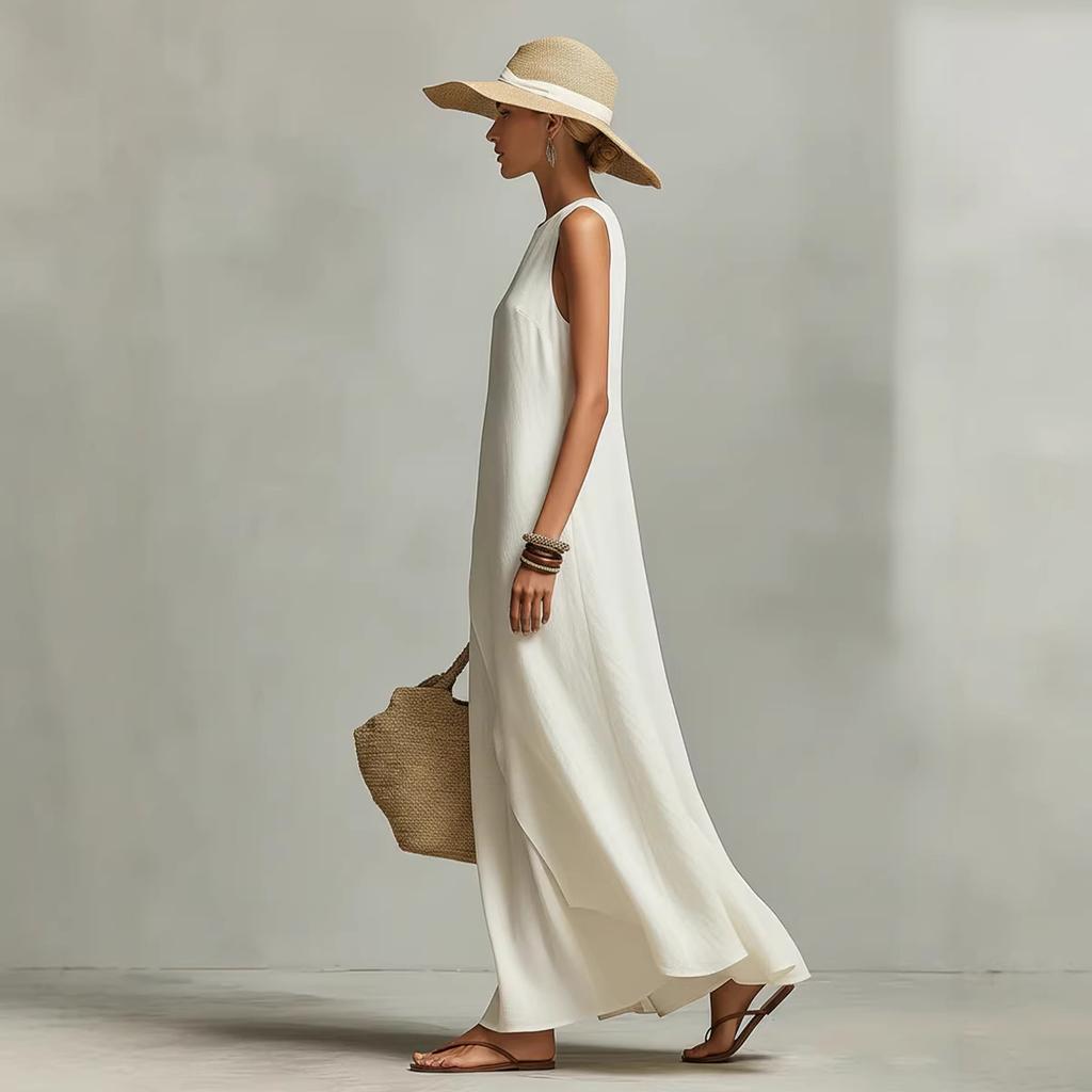 Abito Maxi Estivo da Donna Senza Maniche Girocollo in Misto Lino, Orlo Asimmetrico Irregolare, Vestito Lungo Lento Fluido Monocromatico, Abito da Sole Minimalista Casual per le Vacanze