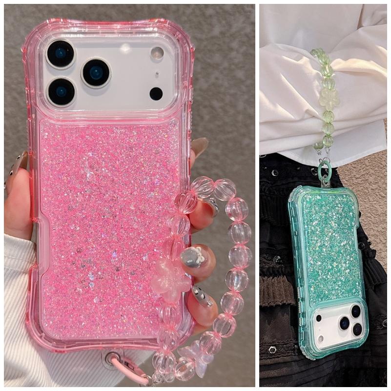 2-in-1 Four-corner Airbag Glitter Resin Bracelet Case For iPhone 17 Pro Max 17 Air 16e 16 Pro 15 Pro 14 + 13 12 11 Protect Cover