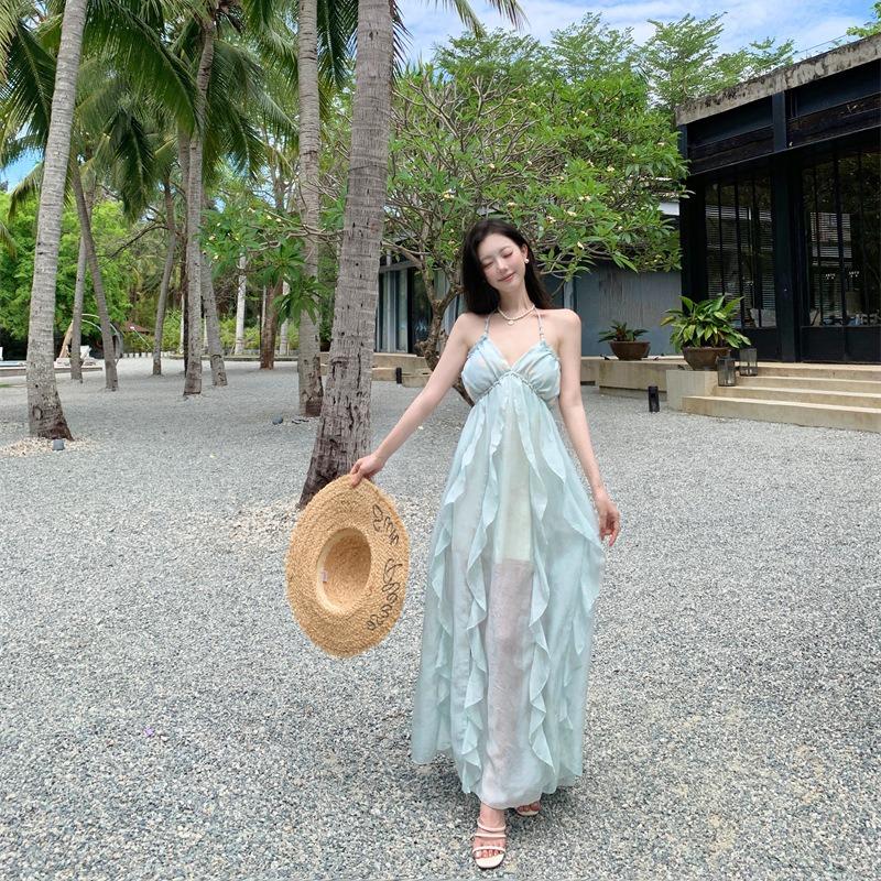 Seaside Vacation Smudged Neck Dress Female Backless Design Sense Yunnan Travel Wear Fairy Long Dress Zixia