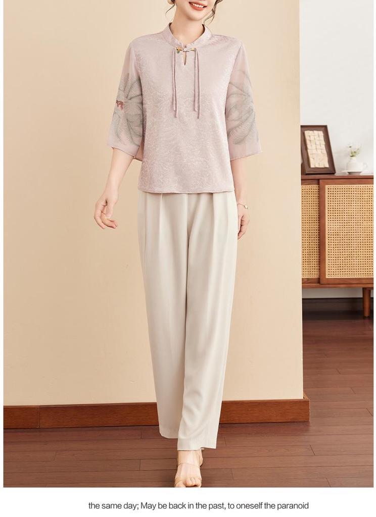 Mom's Stylish Chinese Stand Collar Chiffon Top for Spring/Summer - Seven-Sleeve Blouse for Middle-Aged & Elderly Women