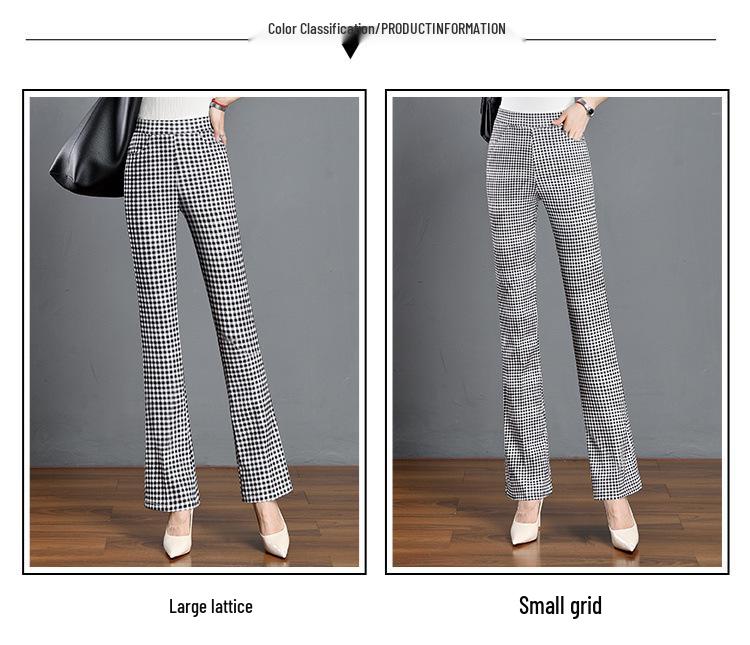 2024 Summer Women's Black & White Plaid Slim-Fit Stretchy Micro-Flare Pants with Elastic Waist
