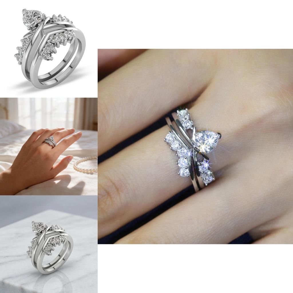 Elegant Heart Diamond Ring Set With Cross Design For Wedding And Anniversary Gifts