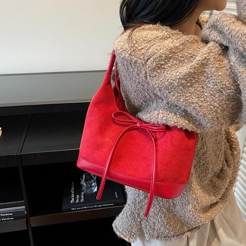 Trend PU Splicing Faux Suede Women Shoulder Bag Autumn Winter Vintage Bow Decor Magnetic Buckle Handbags Casual Underarm Pack