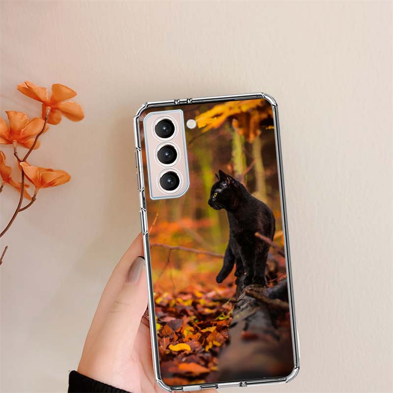 

Autumn Maple Leaf Black Cat Clear Phone Cases for Samsung S26 Ultra Galaxy S25 Edge S24 S23 FE S21 Plus S20 S22 S10 Cover Patter Samsung S24 FE