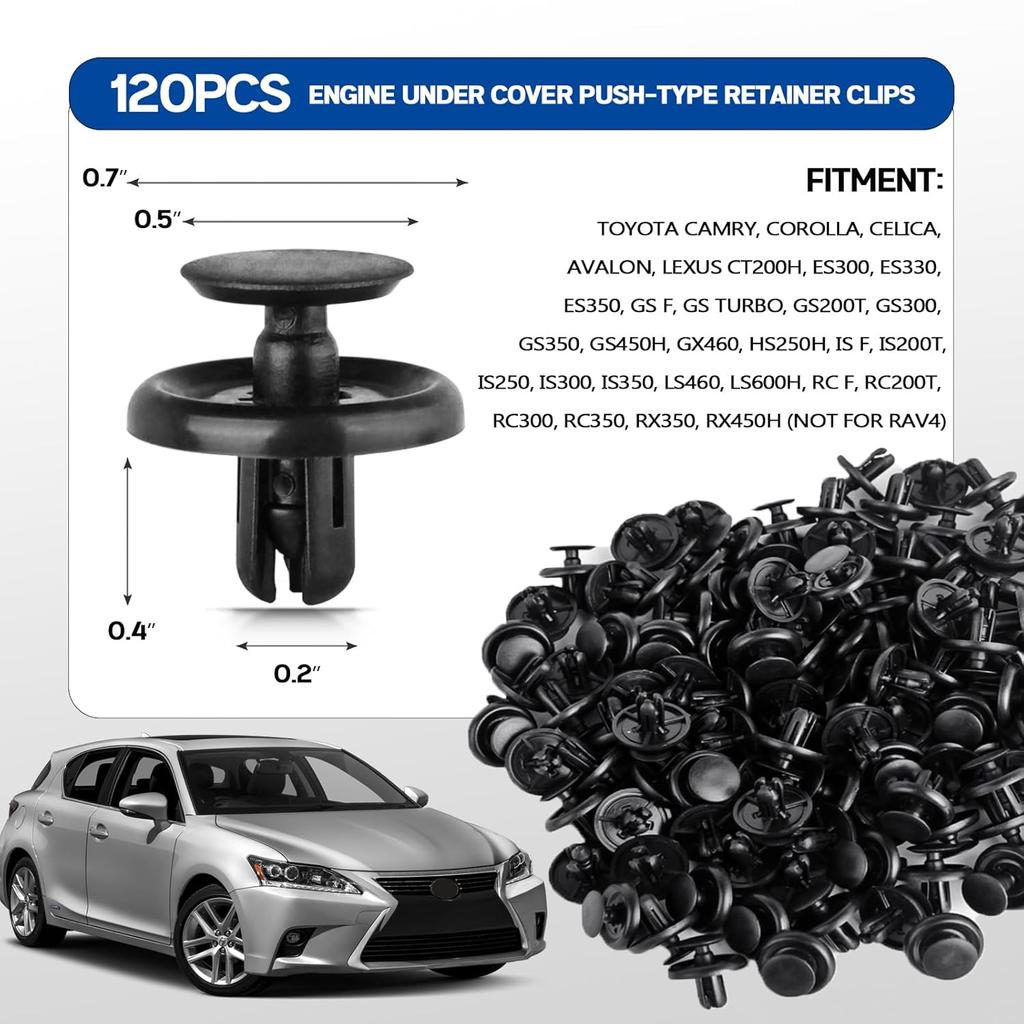120 Pcs Engine Under Cover Push-Type Retainer Clips Compatible With Toyota Lexus Camry Corolla Body Clips Replace 90467-07201 With Tool