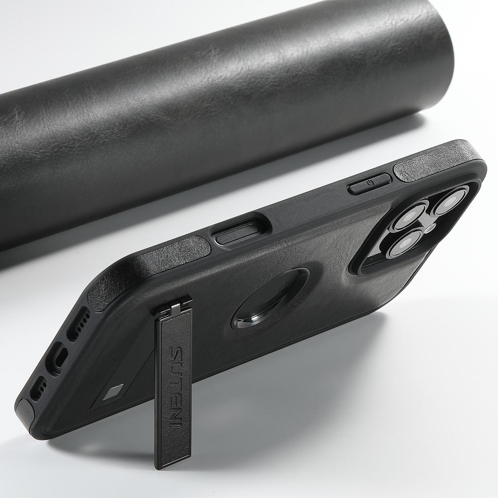 SUTENI G2 For iPhone 16 Pro Max Magnetic Case Leather Phone Back Cover Waxy Texture Kickstand