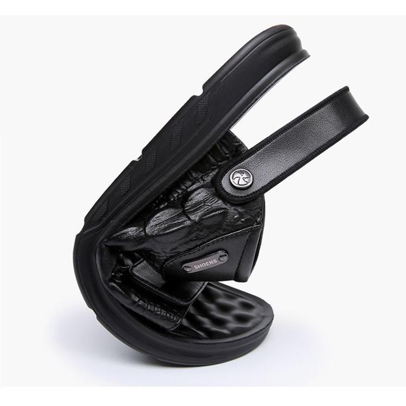 2024 Summer Genuine Leather Shoes Men Sandals Flat Non-slip Soft Holiday Mens Sandals Thick Sole Male Footwear Pure Black D074