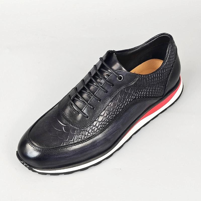 Luxury Business Casual Genuine Natural Cowhide Leather Men's Oxford Sneakers Spring Autumn Crocodile Pattern Anti-slip Footwear