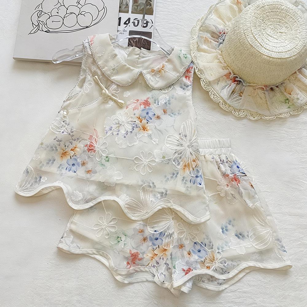 Girls Summer Chinese Embroidered Frog Button Doll Collar Sleeveless Top And Wavy Hem Shorts Two Piece Set 90cm