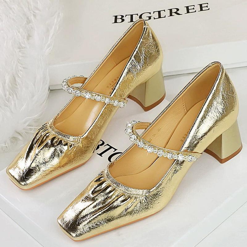 

Туфли 5 см Лодочки Плиссированный вырез туфель Туфли на среднем каблуке Женские Туфли Мэри Джейн с квадратным носком Водяной бриллиант Жемчуг женские туфли 2025 40