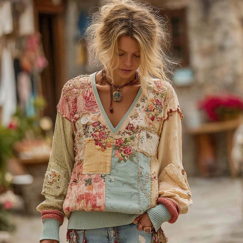 Camicetta da Donna Scollo a V Manica Lunga Vestibilità Regolare Casual Stampa Floreale Camicia Boemia