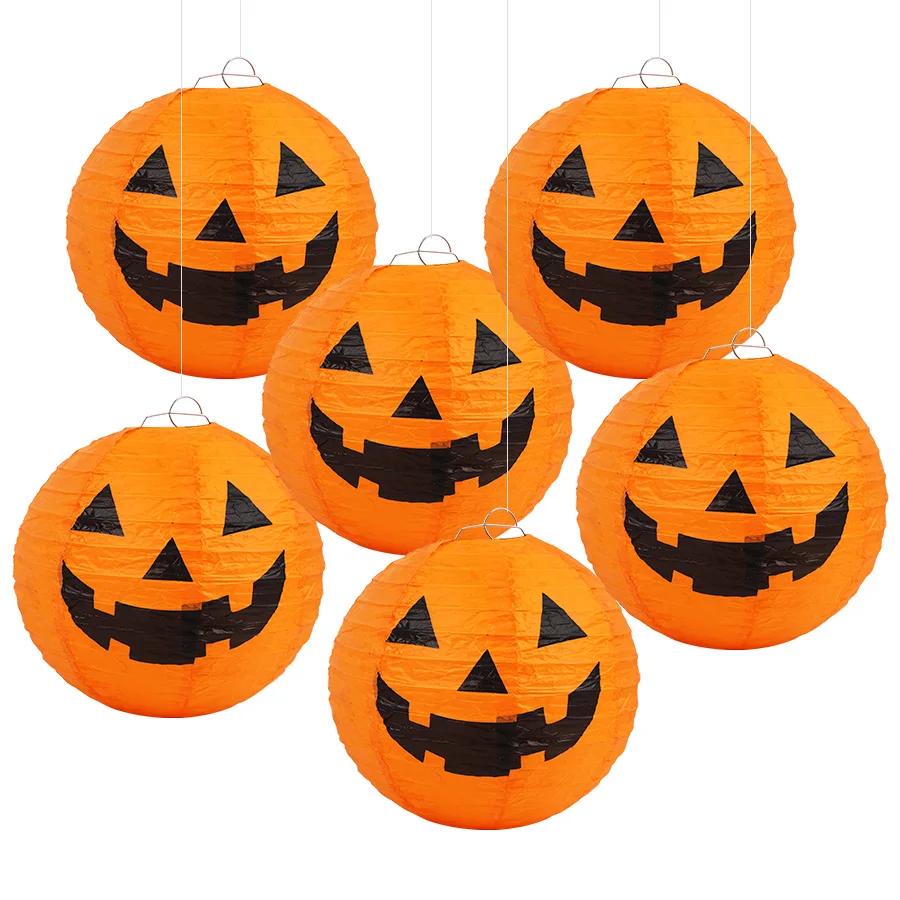 6 Stück Halloween Party Kürbis Papierlaterne für Haus Garten Innen Außen Dekoration Hängende Ornamente Horror Requisiten Ohne LED