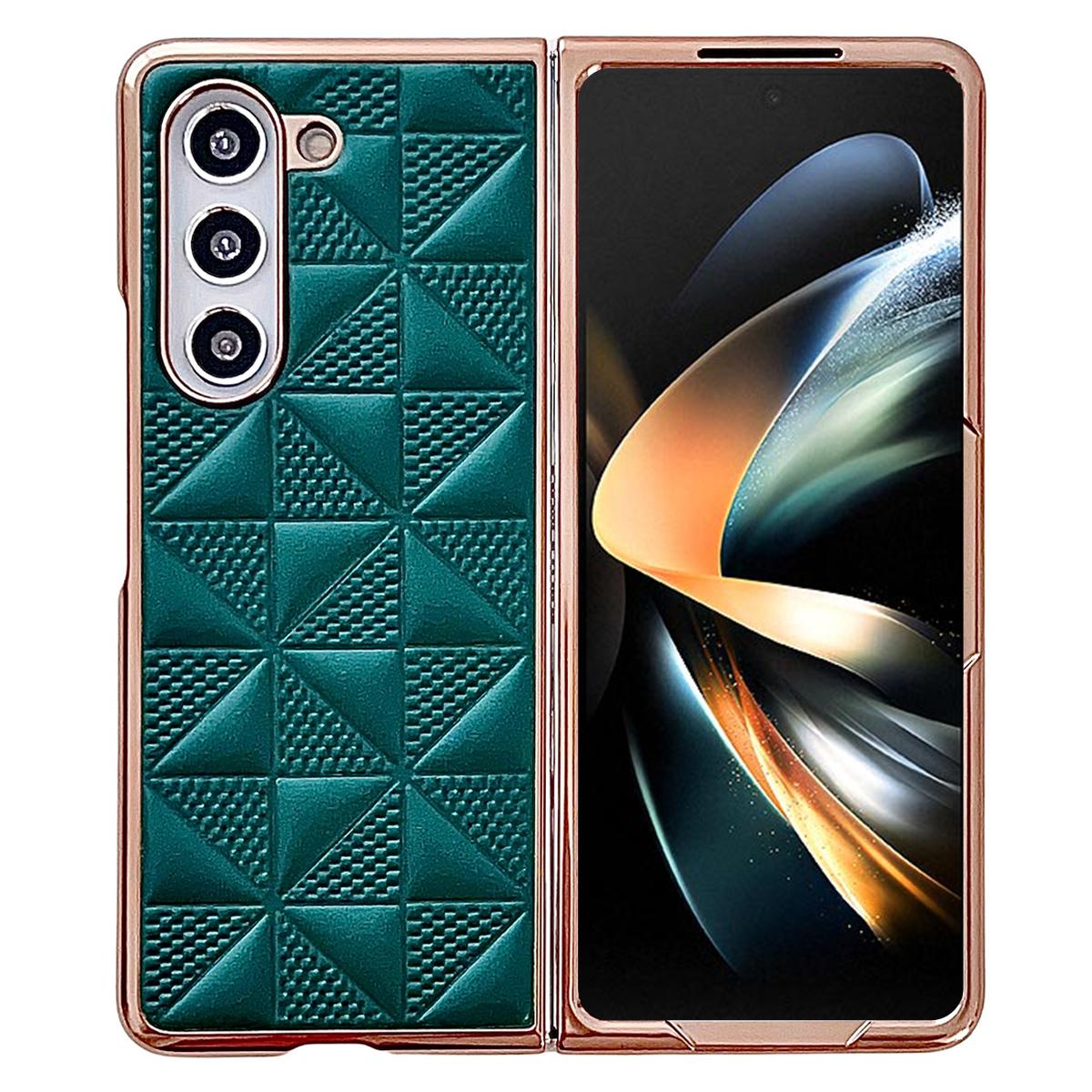 

For Samsung Galaxy Z Fold6 5G Case Grid Pattern PU Leather+PC Electroplating Phone Cover Dark Green