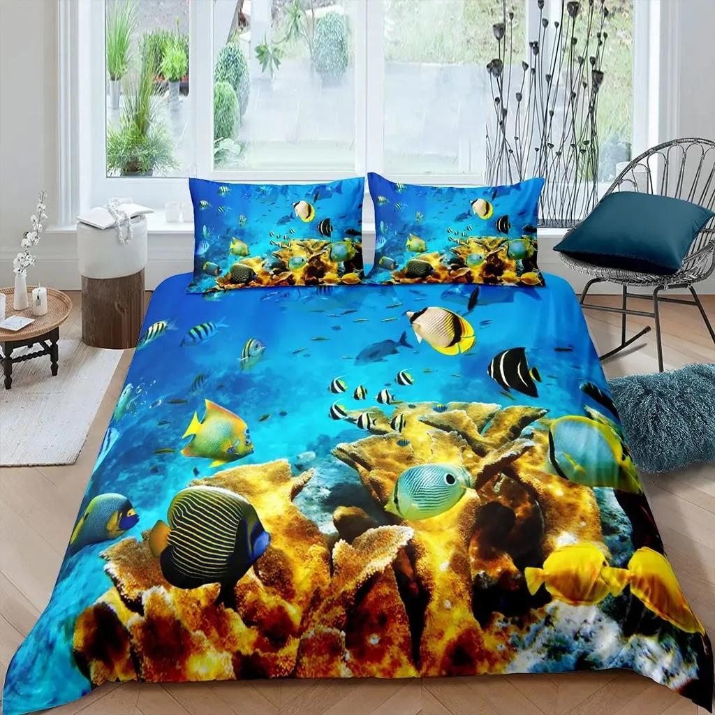 Fisch Bettwäsche-Set Ozean Bettwäsche-Sets 3D Gedrucktes Unterwasserwelt mit Hai Delfin Korallenriff Muster Bettbezug-Set