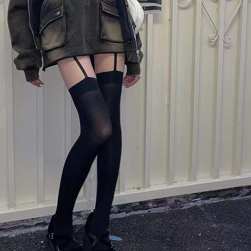

Женские бархатные колготки с широкими полосками, тонкие чулки Lolita с подвязками Y2K JK College Style, гольфы выше колена One Size чёрный