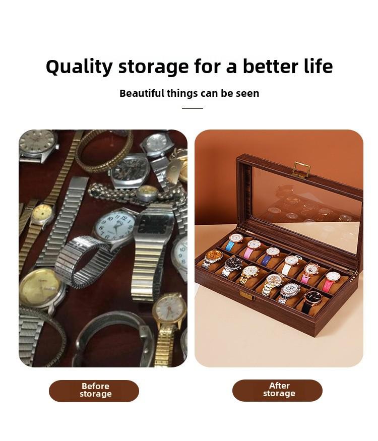Exquisite Vintage Wood Grain Leather Watch Box with Dustproof Glass Lid for Wristwatch Display and Storage.